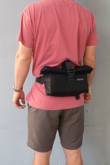 Roll Top Front Loader on person bum bag