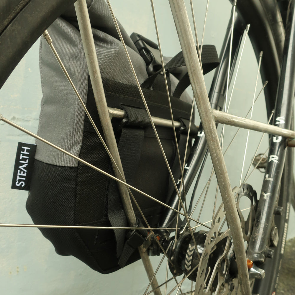 Mountain panniers attached to front rack